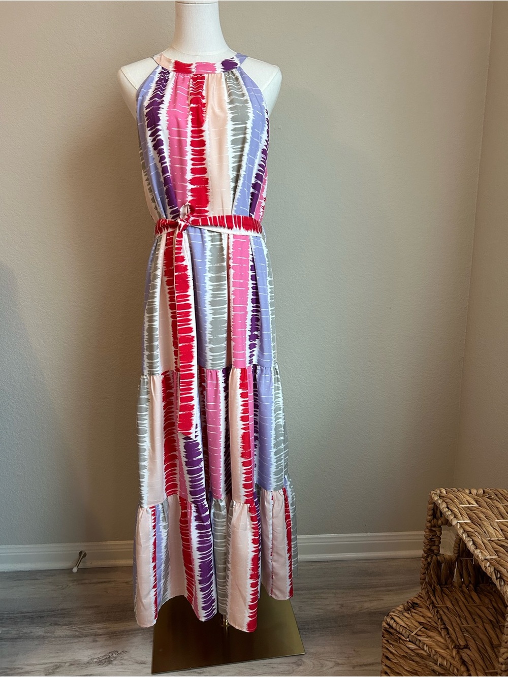 THML Multicolor Striped Halter Maxi Dress in Pink, Purple & Red
